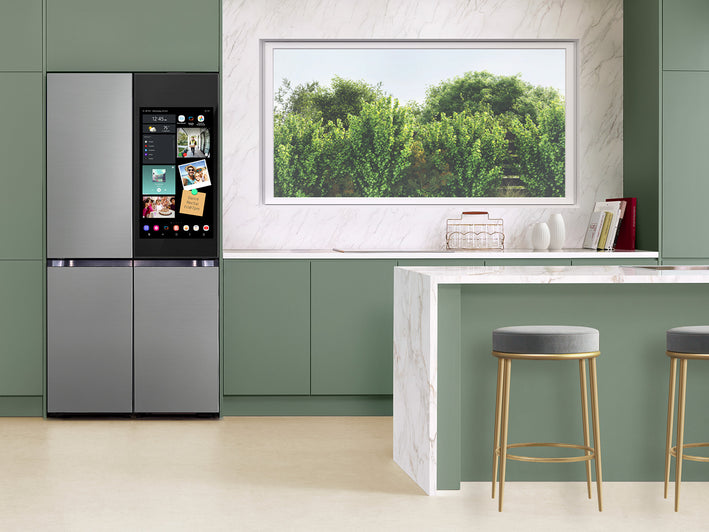 Bespoke 23 cu. ft. Counter Depth 4-Door Flex™ Refrigerator with AI Family Hub™+ & AI Vision Inside™ in Stainless Steel (RF23DB9900QDAA)