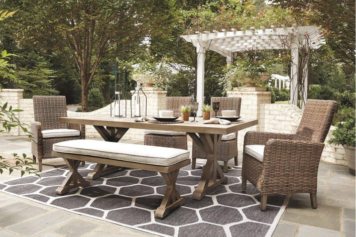 Beachcroft Outdoor Dining Table and 4 Chairs and Bench (PKG000284)